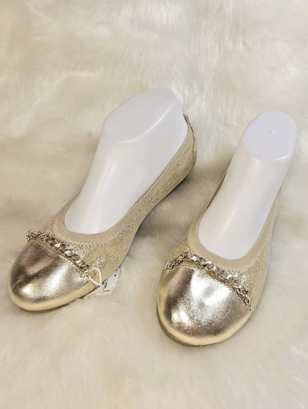 American Eagle Womens Gold Glitter Stretch Ballet Flats with Chain Trim